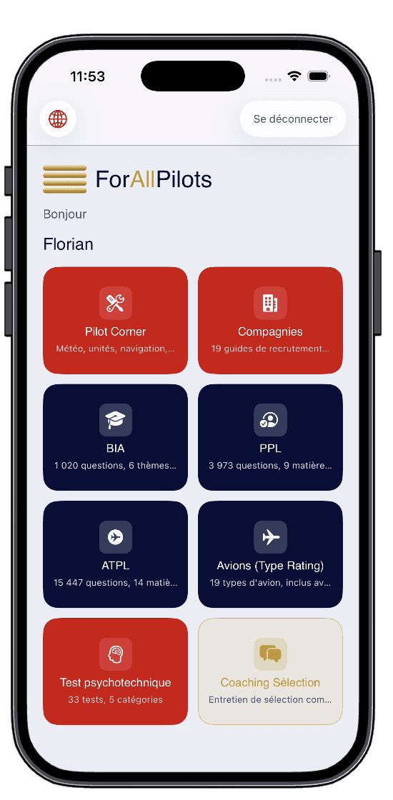 L'application ForAllPilots sur iPhone : Pilot Corner, Compagnies, BIA, PPL, ATPL, Avions, Test psychotechnique et Préparation Sélection