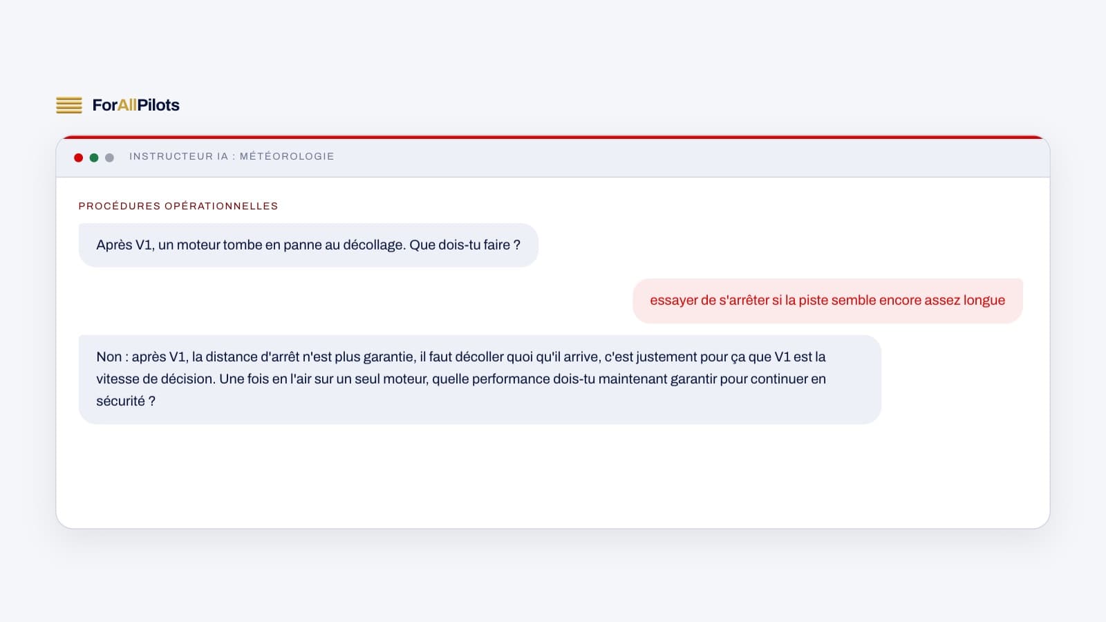 L'instructeur IA de ForAllPilots : une question sur la panne moteur après V1, la réponse de l'élève et la relance de l'instructeur