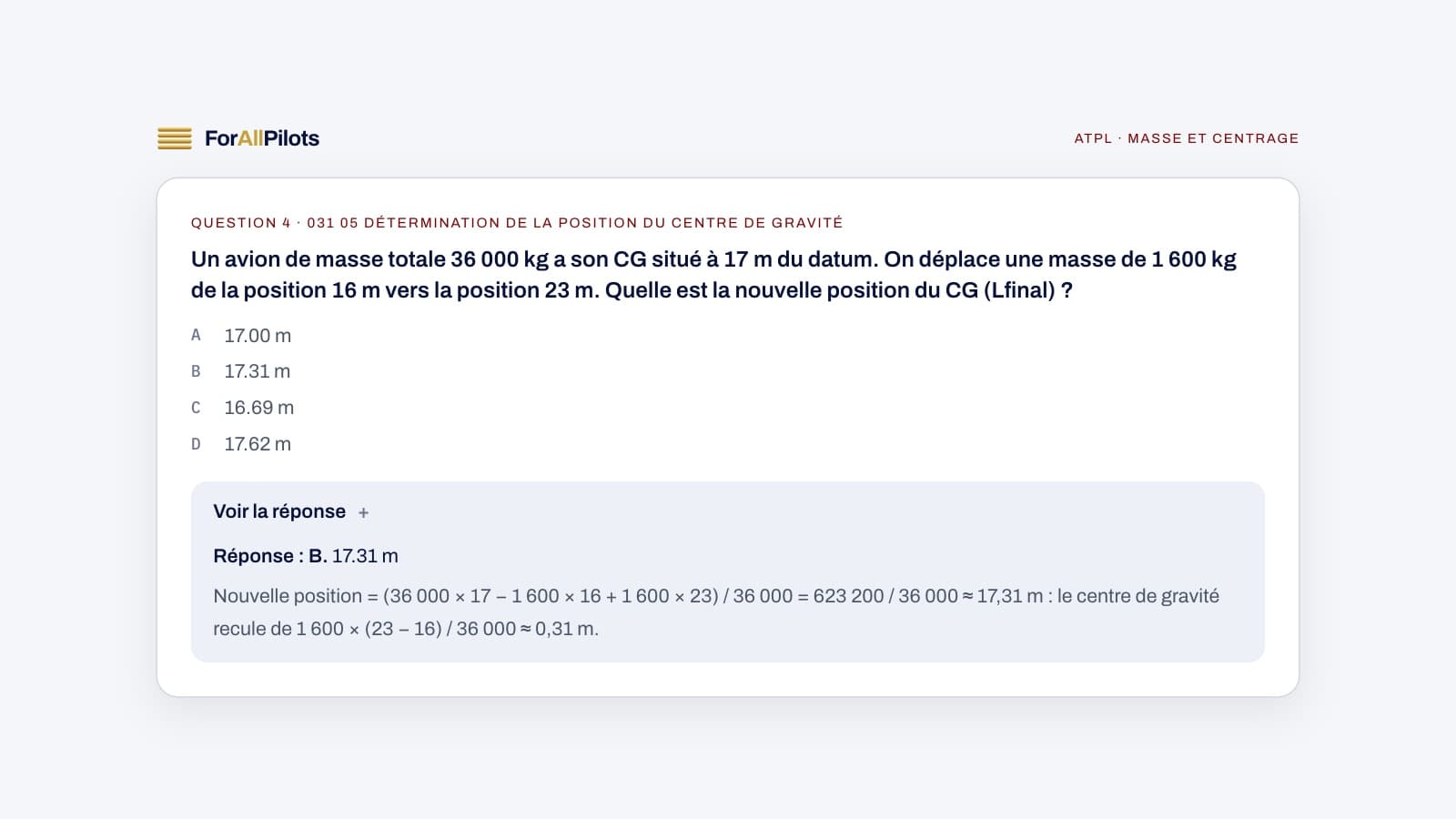 Une question de la banque ATPL, matière Masse et centrage, avec sa réponse et son explication