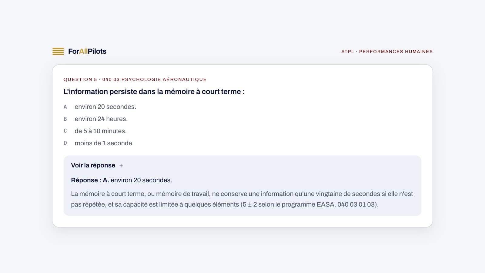 Une question de la banque ATPL, matière Performances humaines, avec sa réponse et son explication