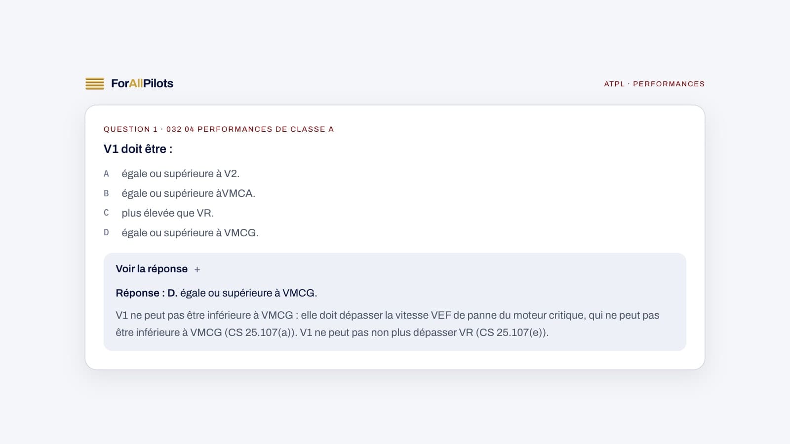 Une question de la banque ATPL, matière Performances, avec sa réponse et son explication
