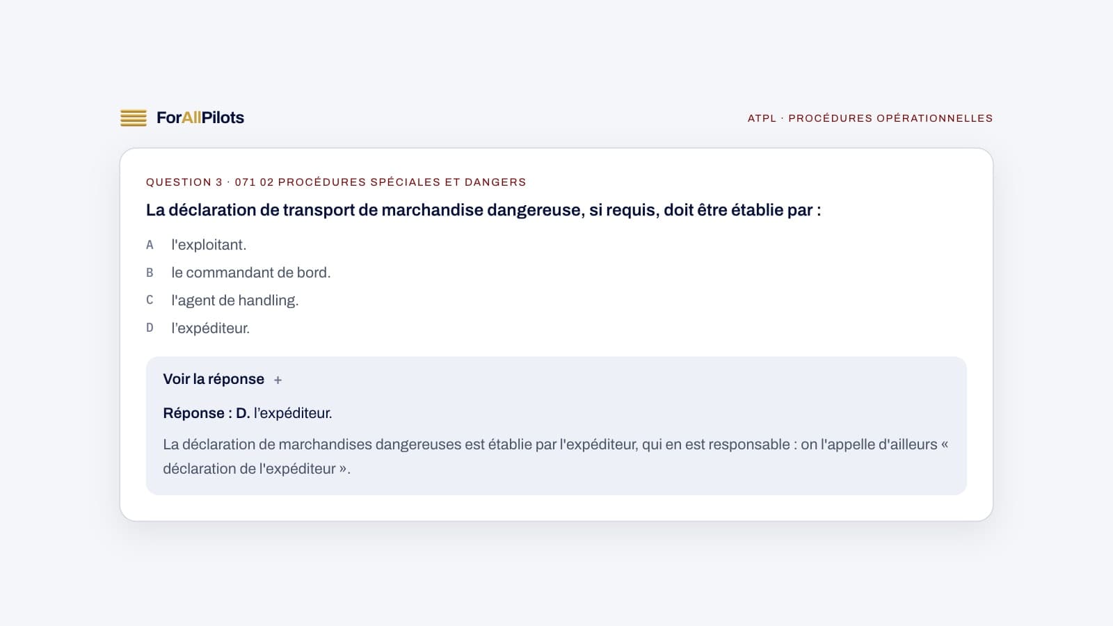 Une question de la banque ATPL, matière Procédures opérationnelles, avec sa réponse et son explication