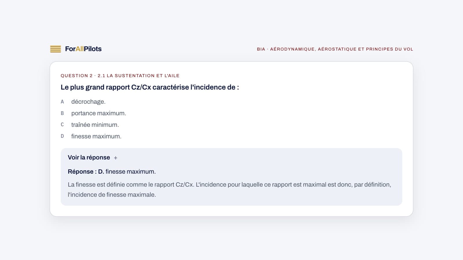 Une question de la banque BIA, matière Aérodynamique, aérostatique et principes du vol, avec sa réponse et son explication
