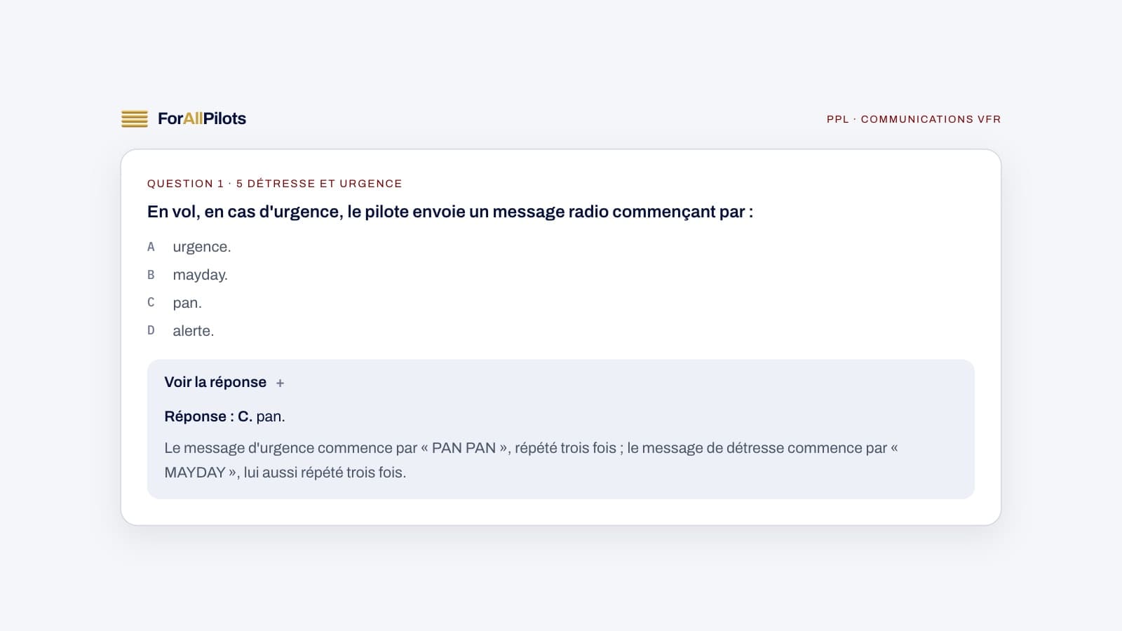 Une question de la banque PPL, matière Communications VFR, avec sa réponse et son explication