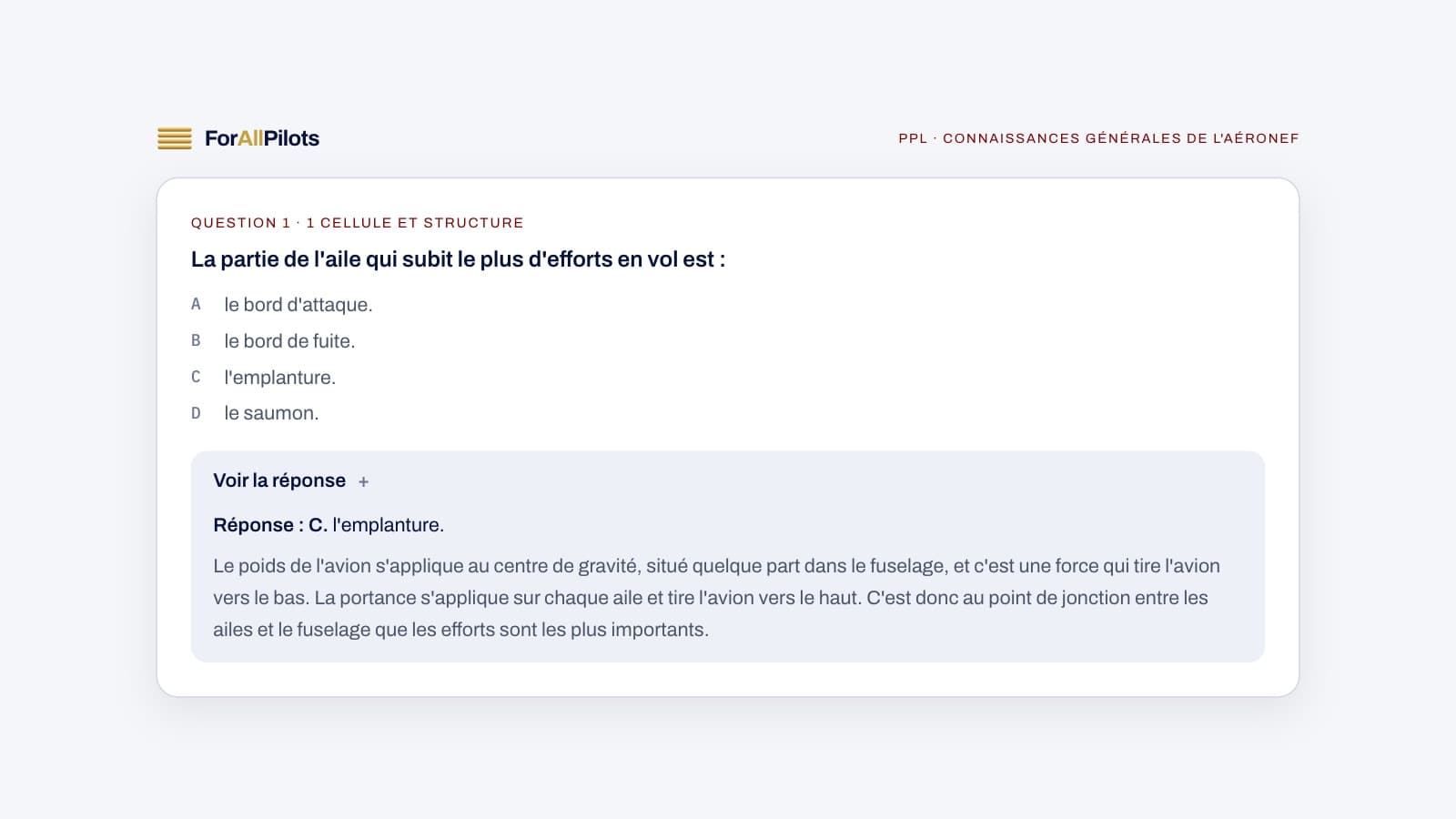 Une question de la banque PPL, matière Connaissances générales de l'aéronef, avec sa réponse et son explication