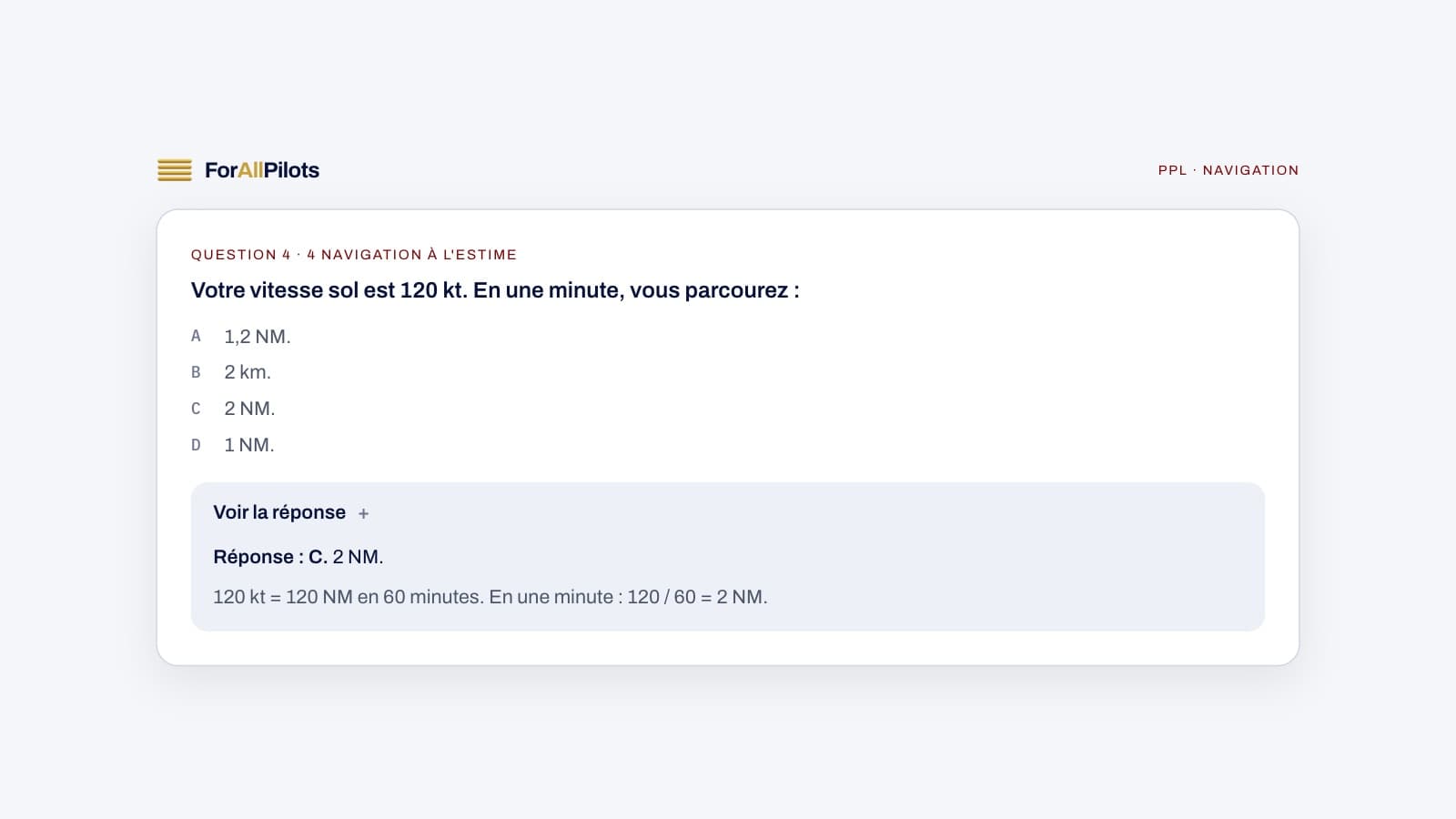 Une question de la banque PPL, matière Navigation, avec sa réponse et son explication