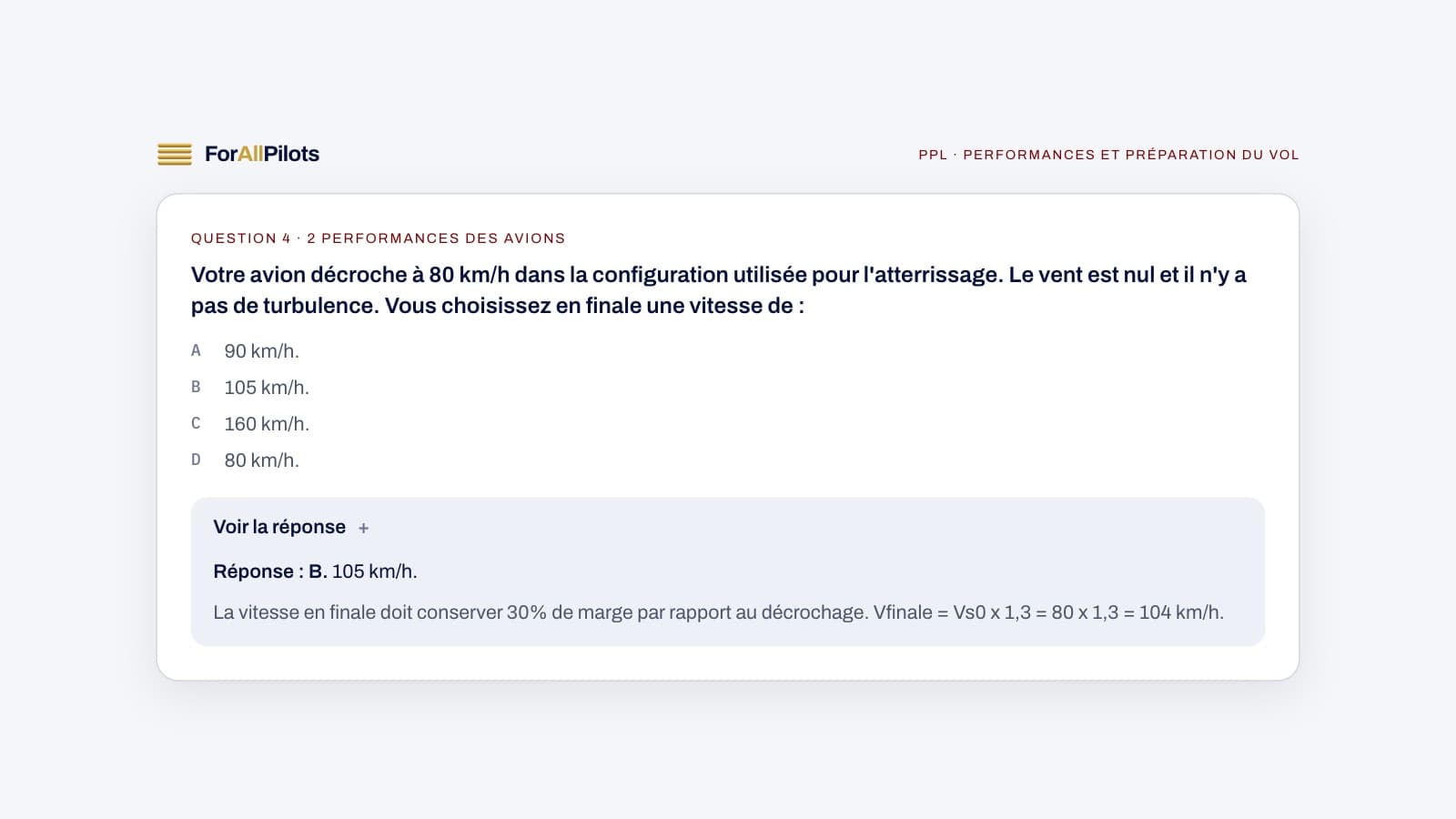 Une question de la banque PPL, matière Performances et préparation du vol, avec sa réponse et son explication