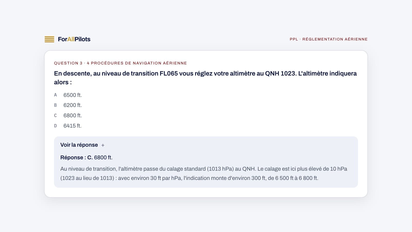 Une question de la banque PPL, matière Réglementation aérienne, avec sa réponse et son explication