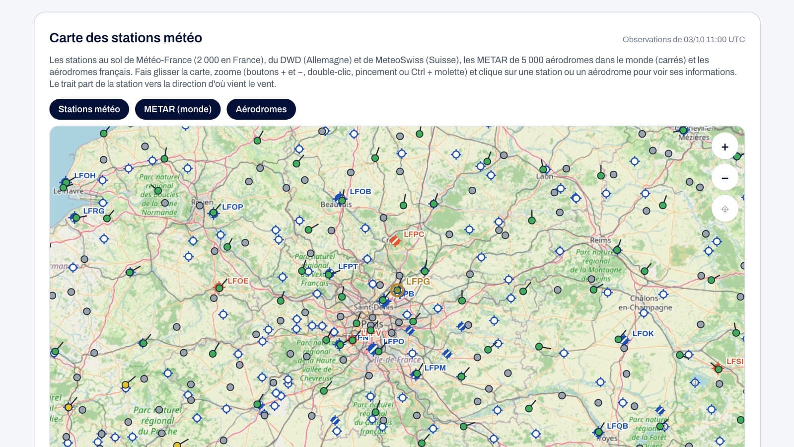 La carte des stations météo autour de Paris : stations Météo-France, METAR et aérodromes, avec le vent de chacune