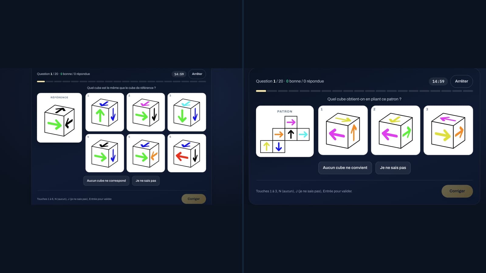 Les tests de cubes : comparer un cube de référence à six cubes, et retrouver le cube que forme un patron