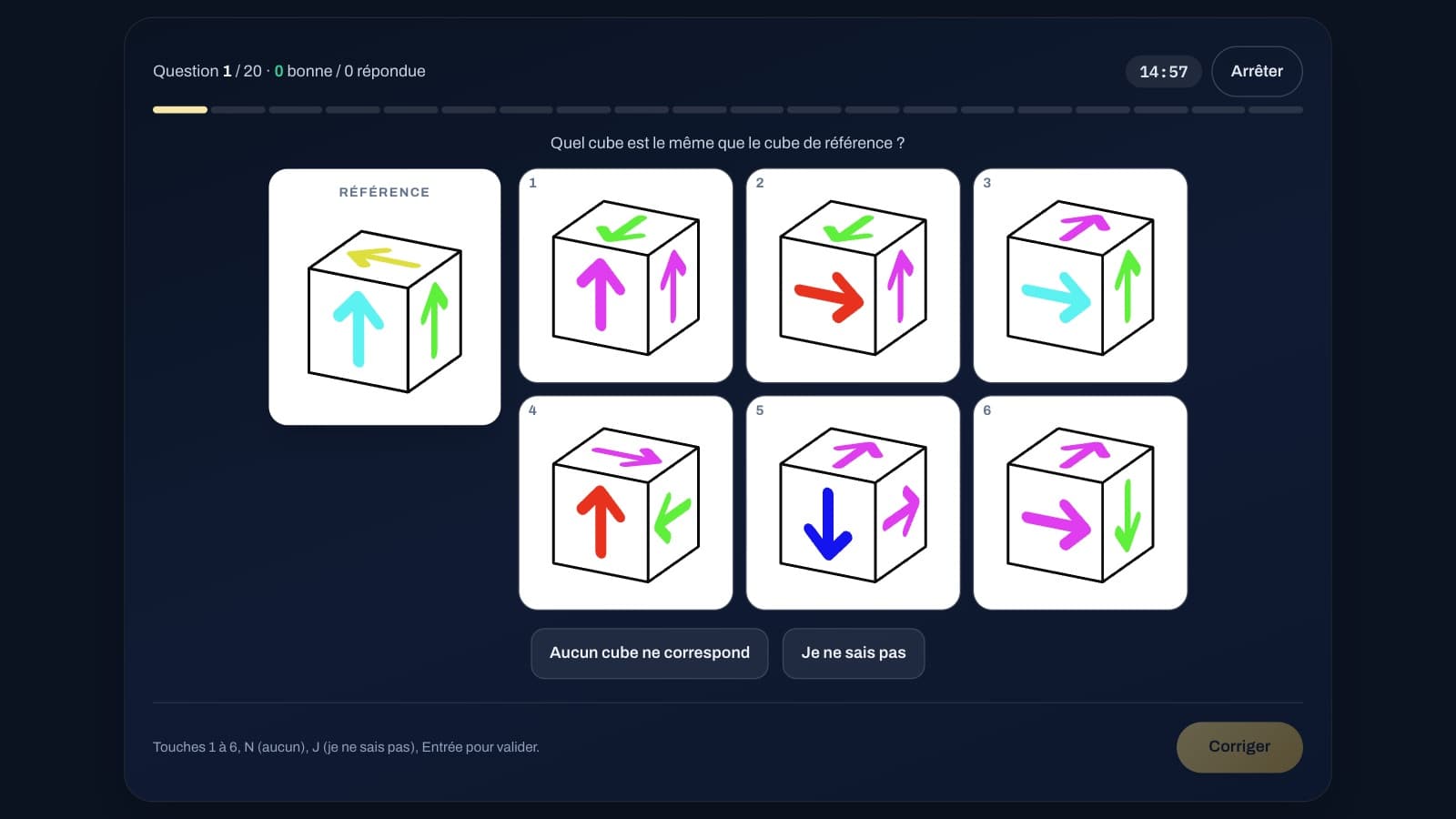 La comparaison de cubes : un cube de référence à gauche et six cubes, dont un seul peut être le même