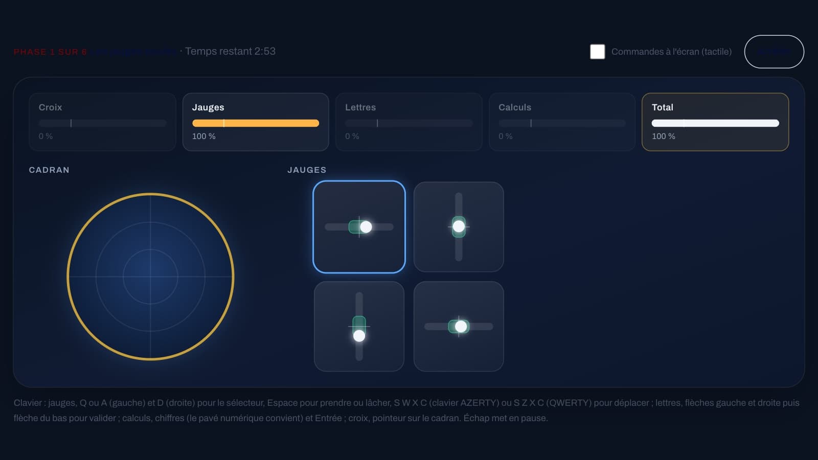 Le test multitâche : le cadran, les quatre jauges à garder centrées et les scores de chaque tâche en haut