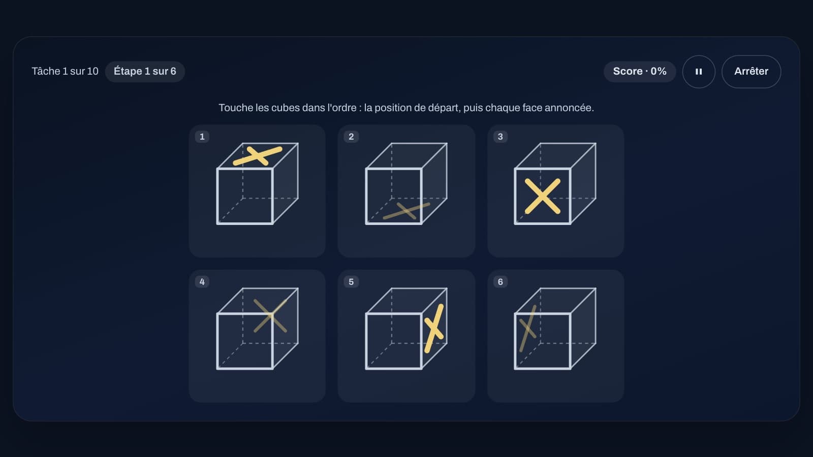 L'orientation spatiale 3D : six cubes, chacun avec une croix sur une face différente, à toucher dans l'ordre