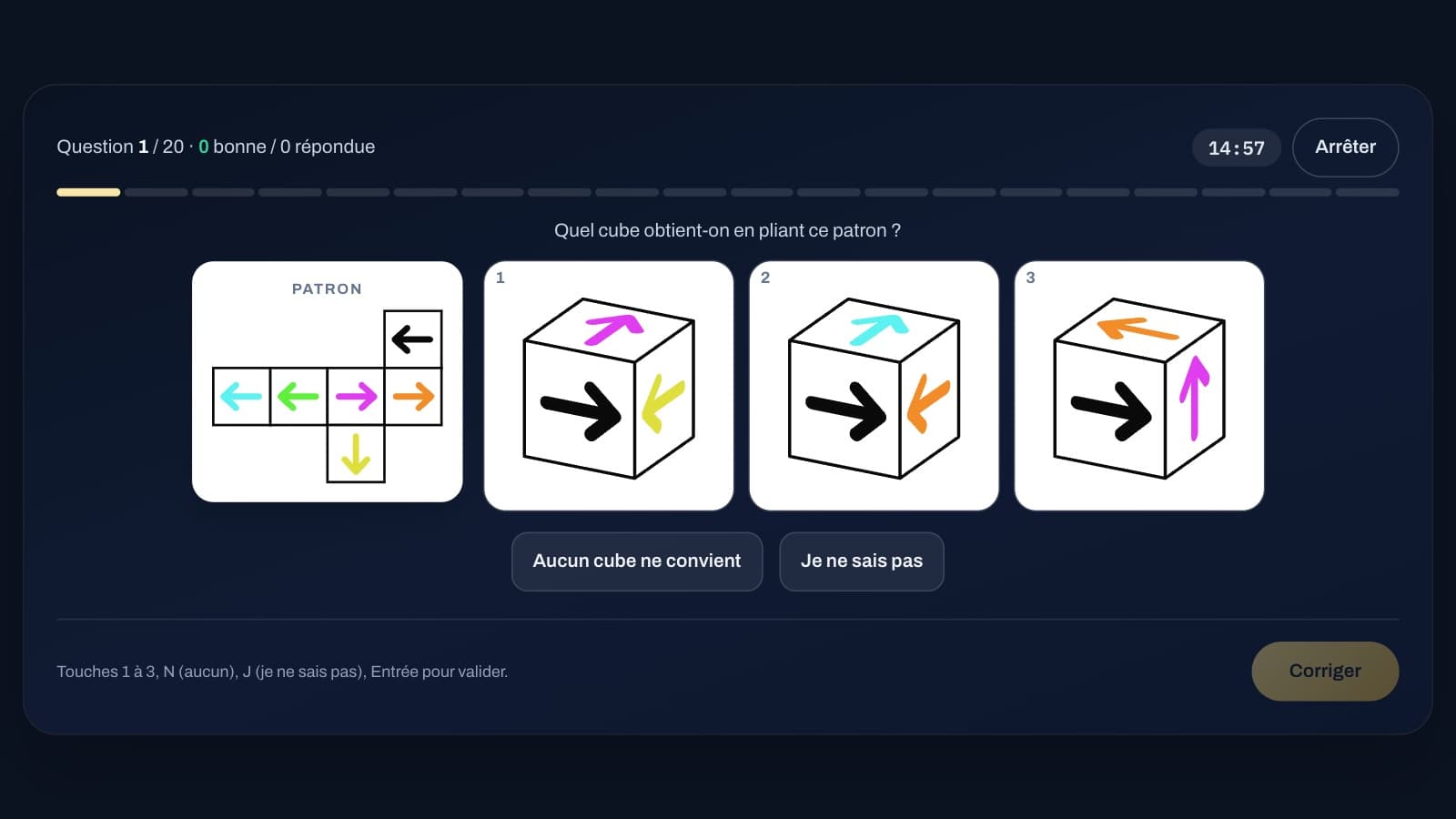Le patron de cube : un patron déplié et trois cubes proposés, ou « Aucun cube ne convient »