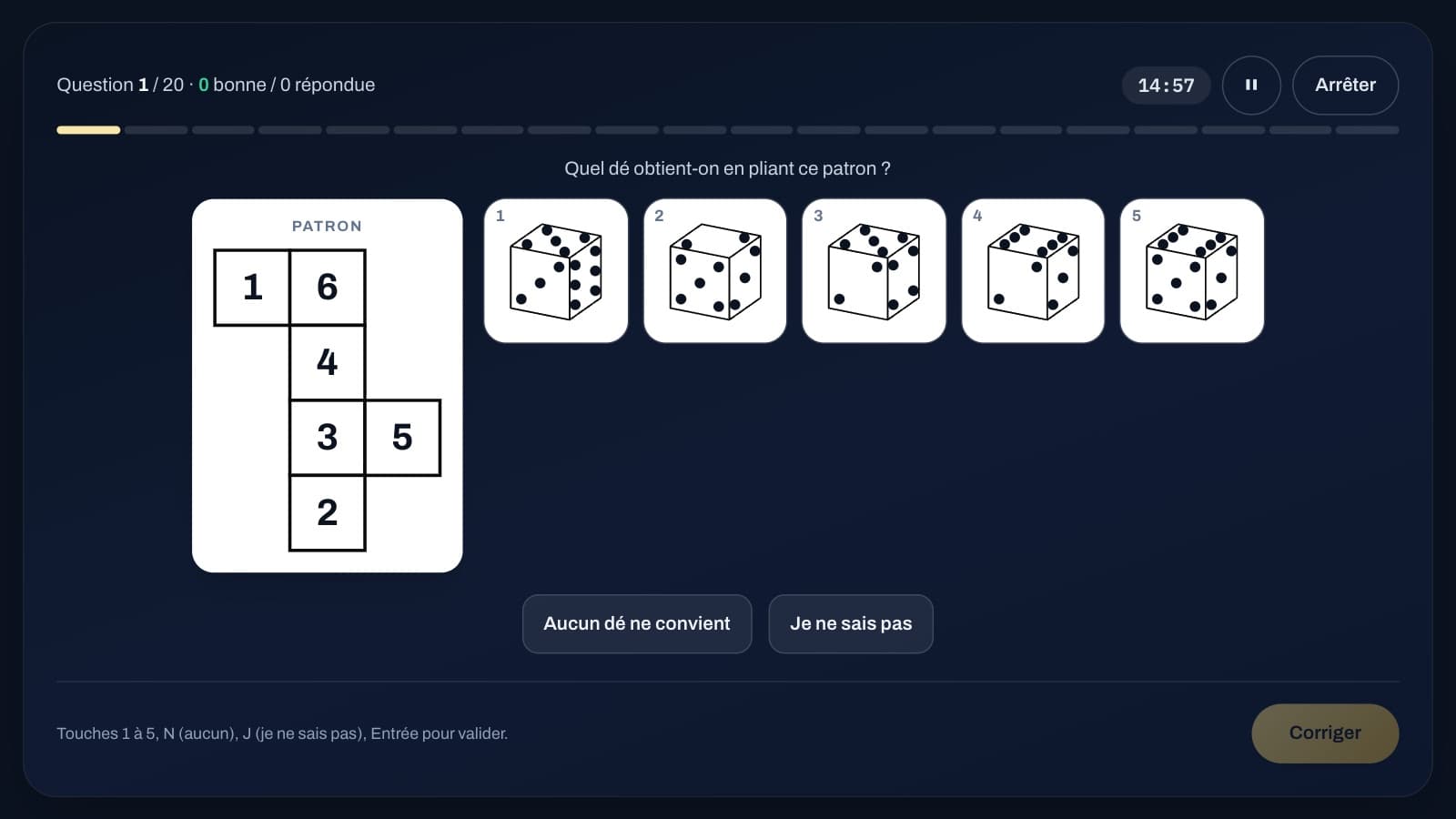 Le pliage de cube : un patron numéroté de 1 à 6 et cinq dés proposés