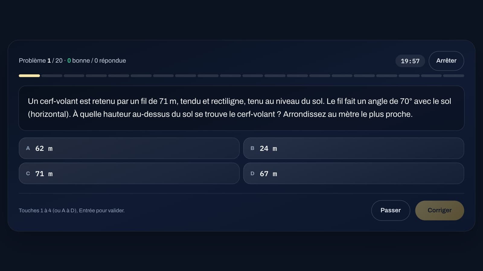 Un problème de calcul et ses quatre réponses proposées, avec le chronomètre de la série