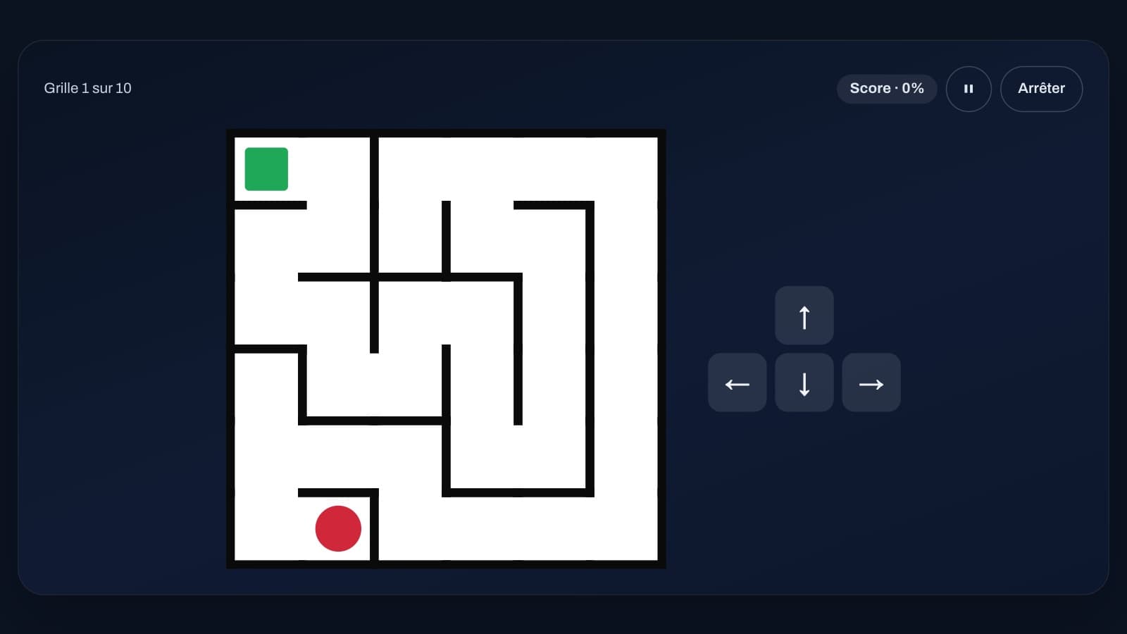 Le labyrinthe tournant : la balle rouge, la sortie verte et les quatre flèches qui gardent toujours le même sens