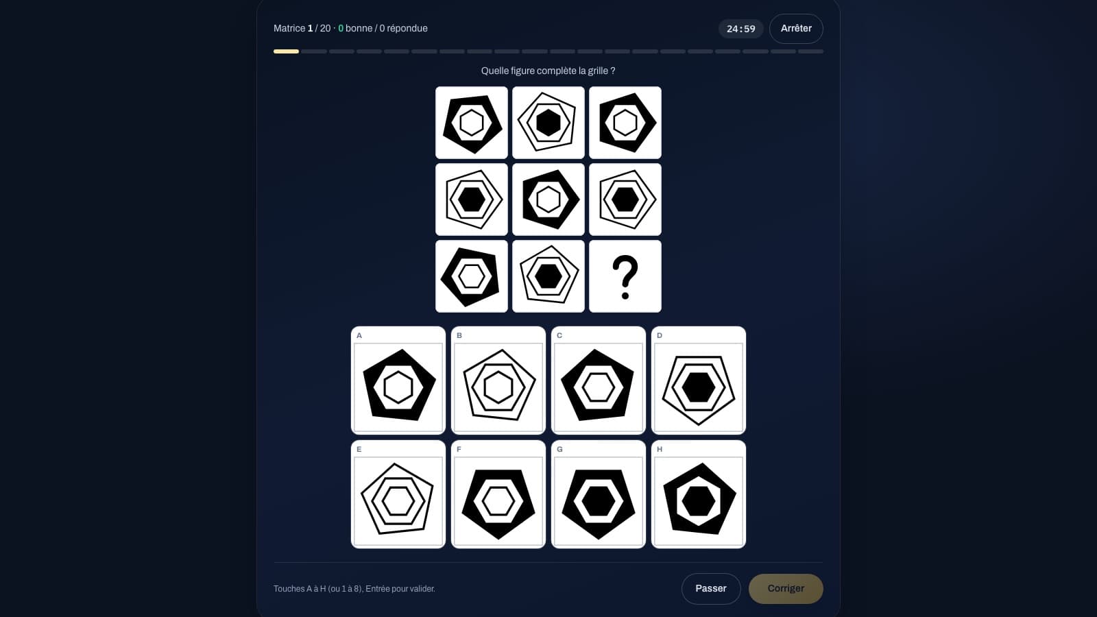 Les matrices : une grille de figures 3 x 3 dont la dernière case manque, et huit propositions