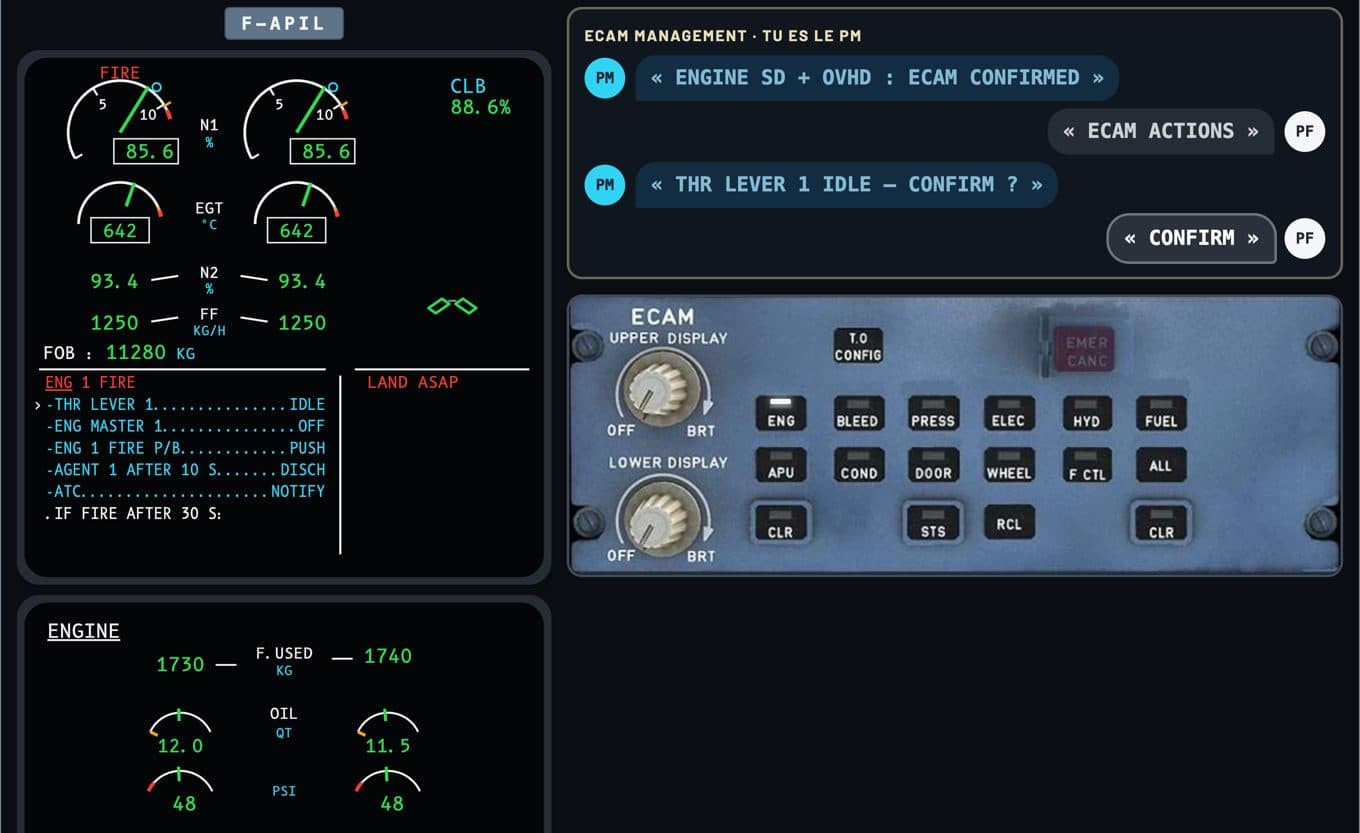 ECAM Trainer A320 : écran E/WD avec ENG 1 FIRE, page ENGINE, ECAM management PM/PF et panneau de commande ECAM